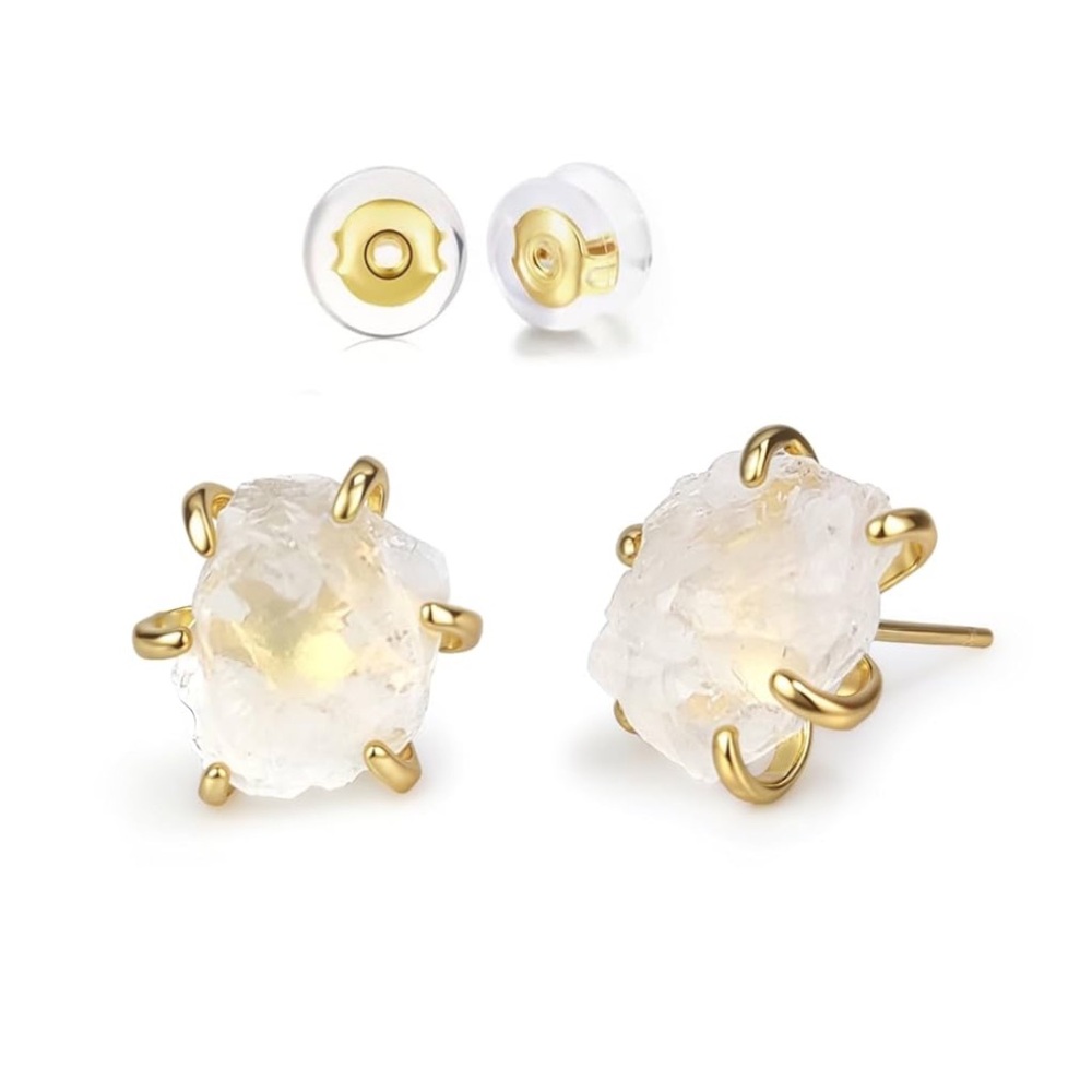 Natural White Quartz Raw Gemstone Handmade Prong Setting Stud Earrings in Gold